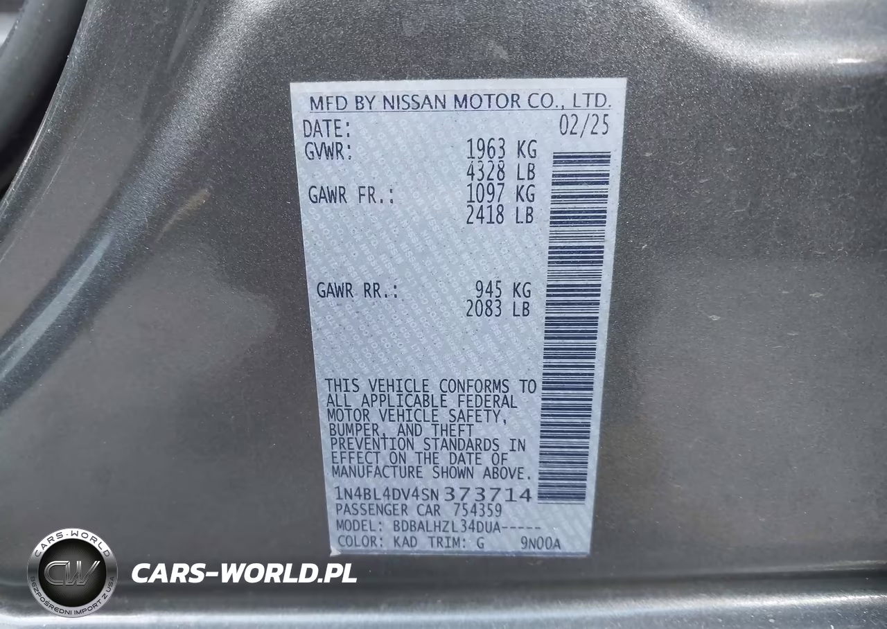 2025 Nissan Altima Sv Fwd VIN:1N4BL4DV4SN373714 - 9