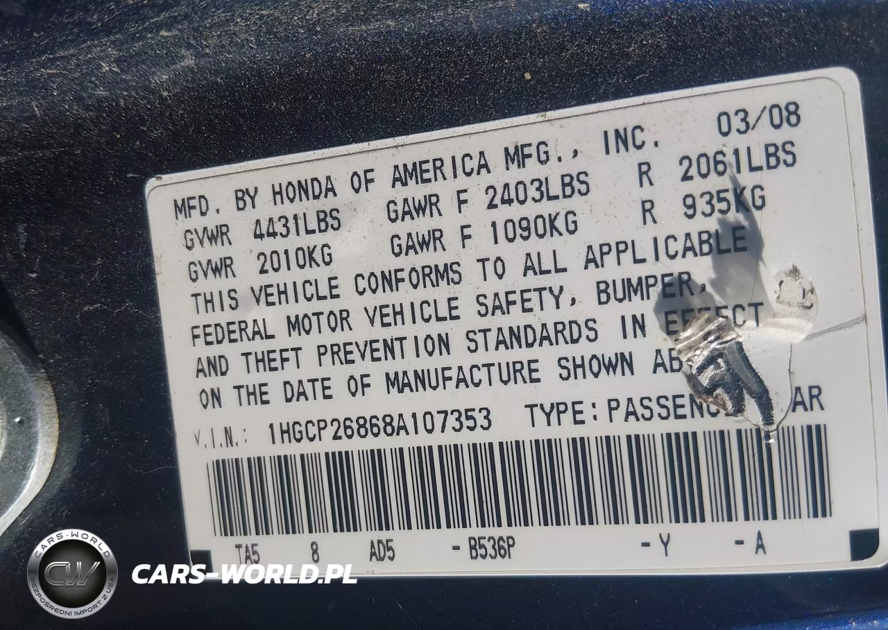 2008 Honda Accord 2.4 Ex-L VIN:1HGCP26868A107353 - 9