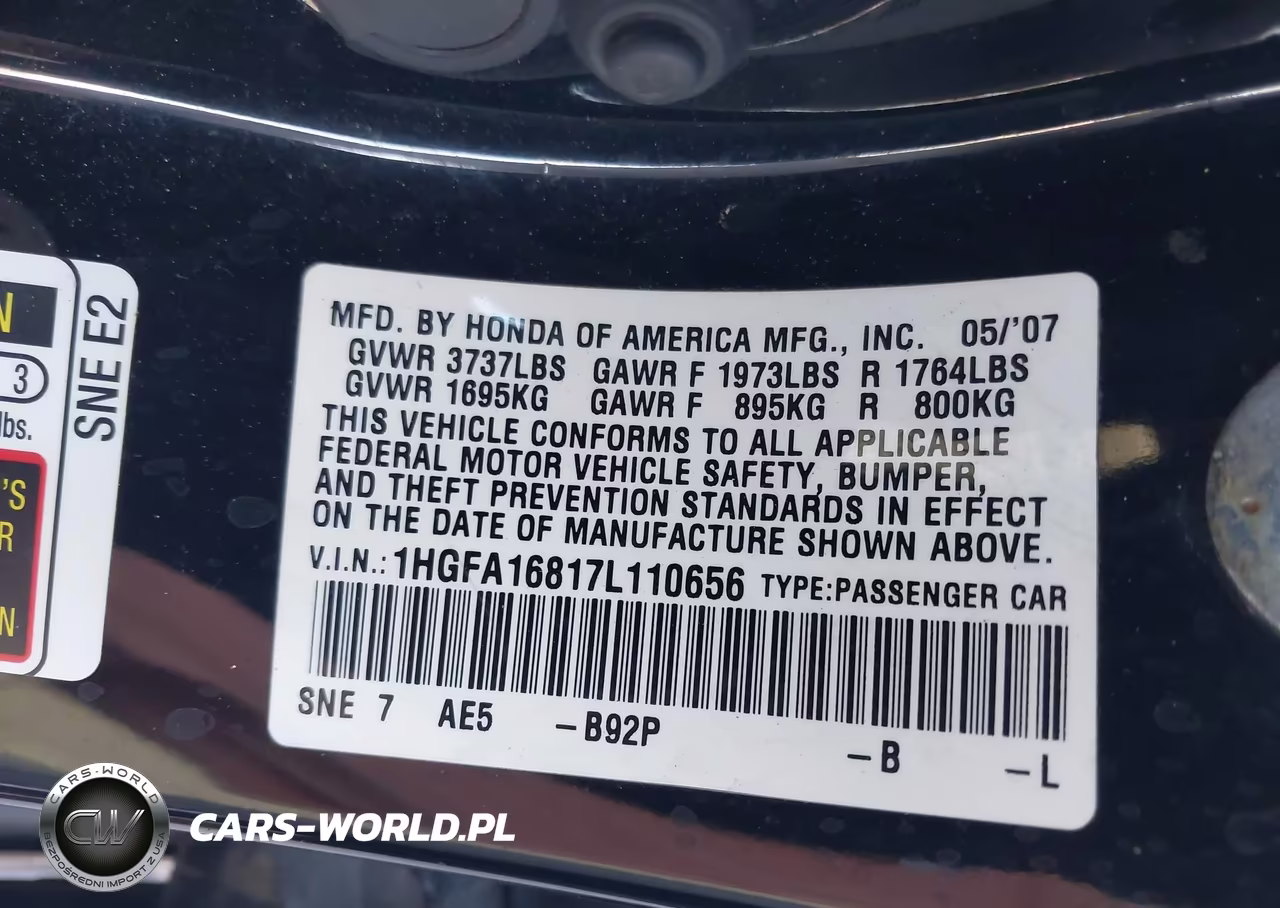 2007 Honda Civic Ex VIN:1HGFA16817L110656 - 9