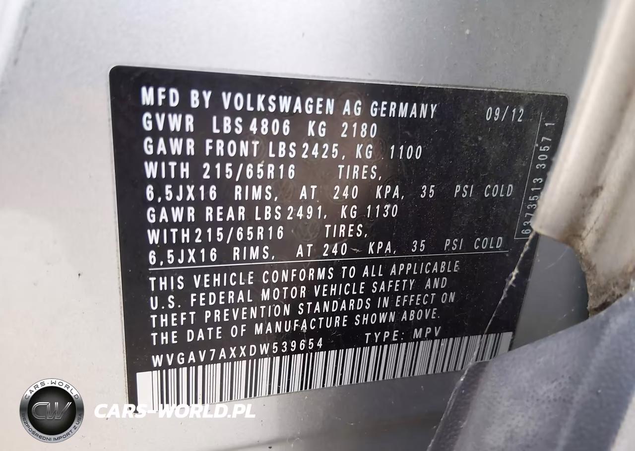 2013 Volkswagen Tiguan S VIN:WVGAV7AXXDW539654 - 7