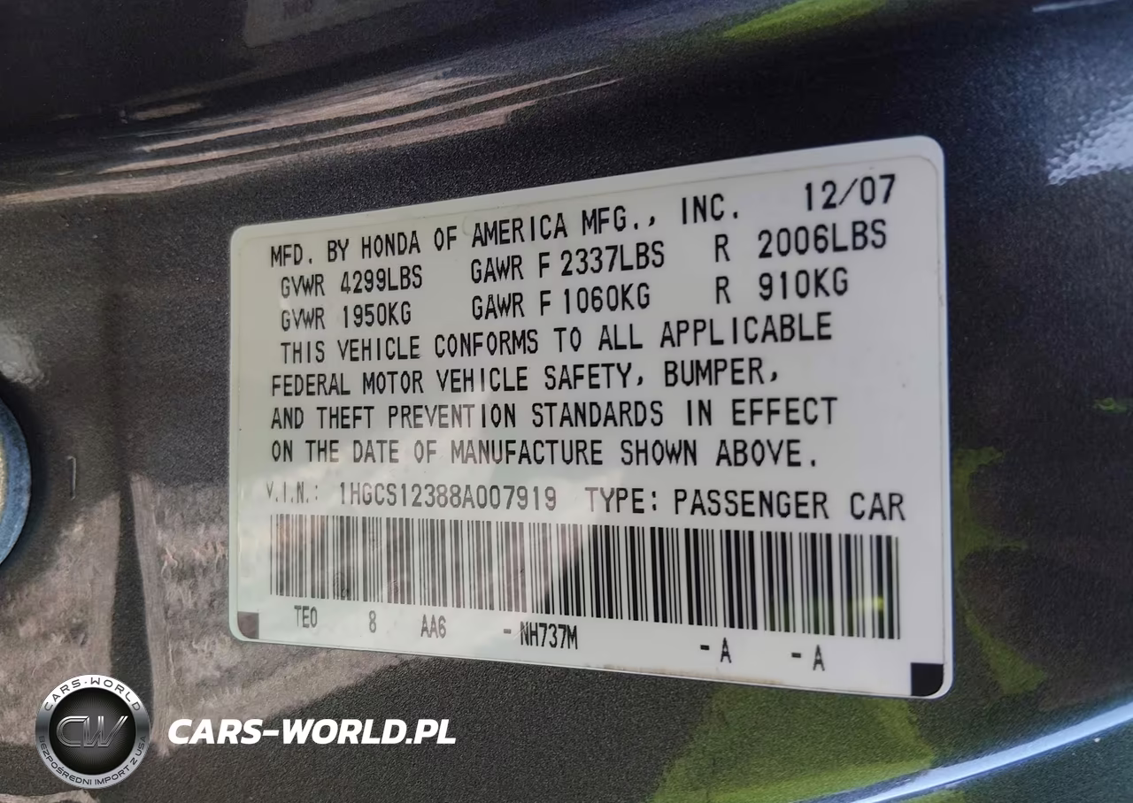 HONDA ACCORD VIN:1HGCS12388A007919 - 9