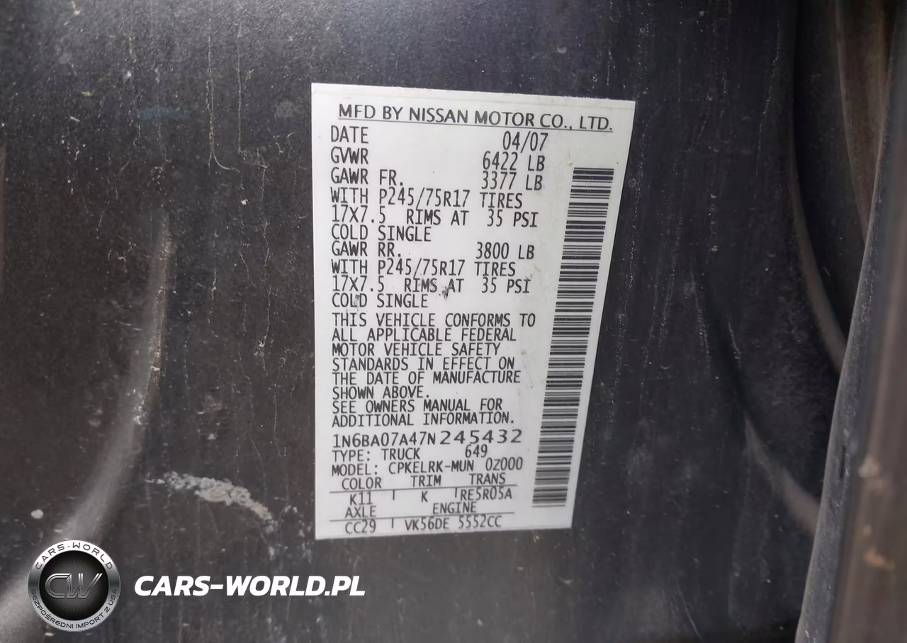 2007 Nissan Titan Xe VIN:1N6BA07A47N245432 - 9