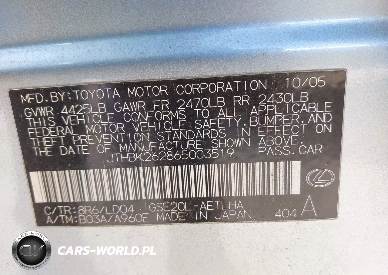 2006 Lexus Is 250 VIN:JTHBK262865003519 - 9