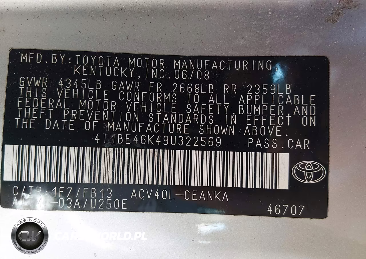 2009 Toyota Camry Le VIN:4T1BE46K49U322569 - 9