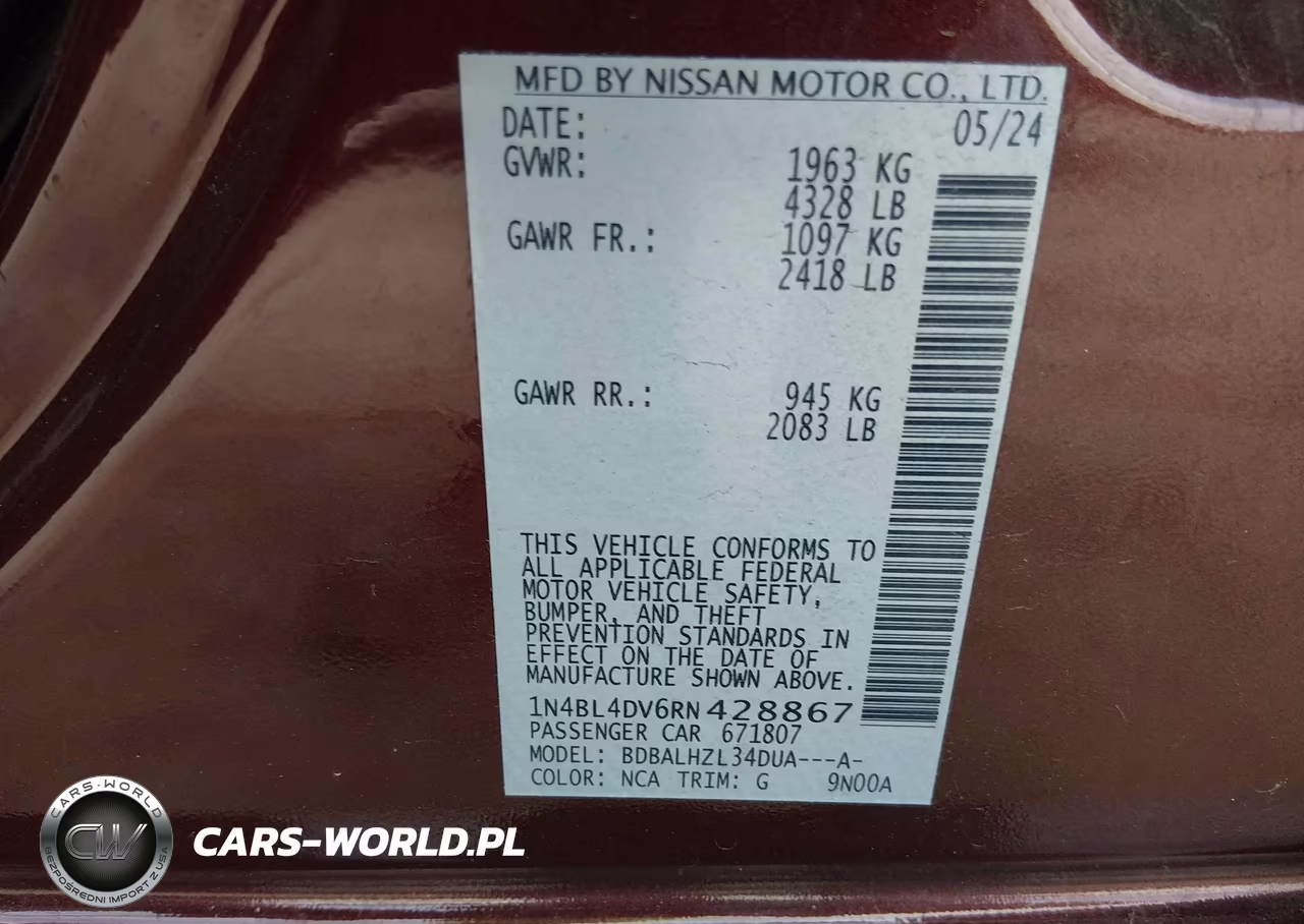 2024 Nissan Altima Sv Fwd VIN:1N4BL4DV6RN428867 - 9