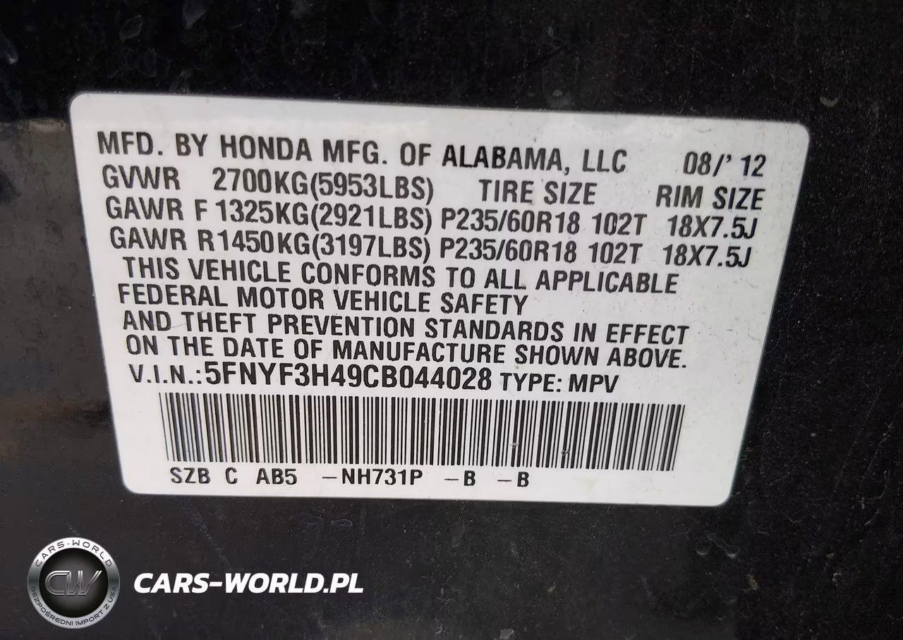 2012 Honda Pilot Ex VIN:5FNYF3H49CB044028 - 9
