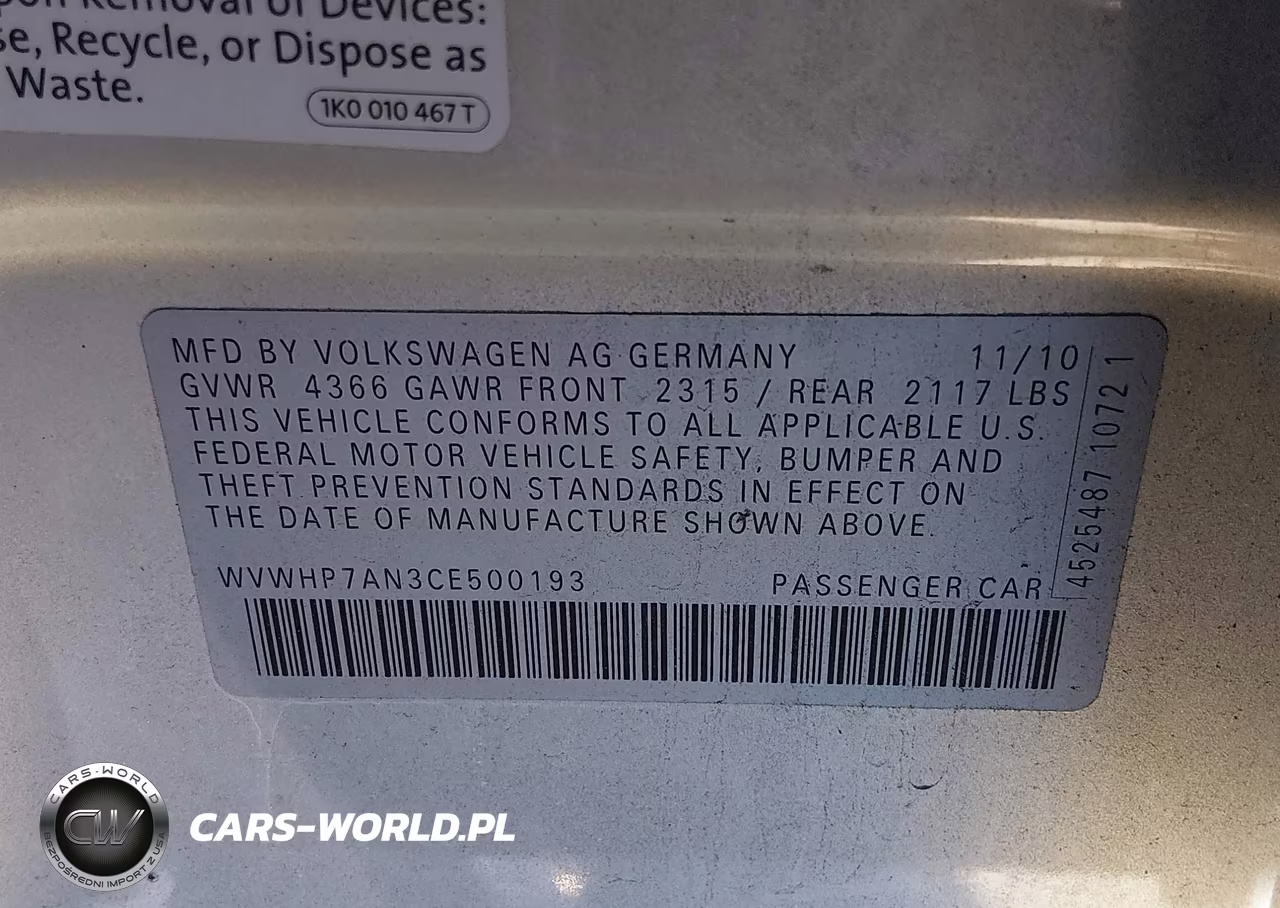 2012 Volkswagen Cc Lux VIN:WVWHP7AN3CE500193 - 9