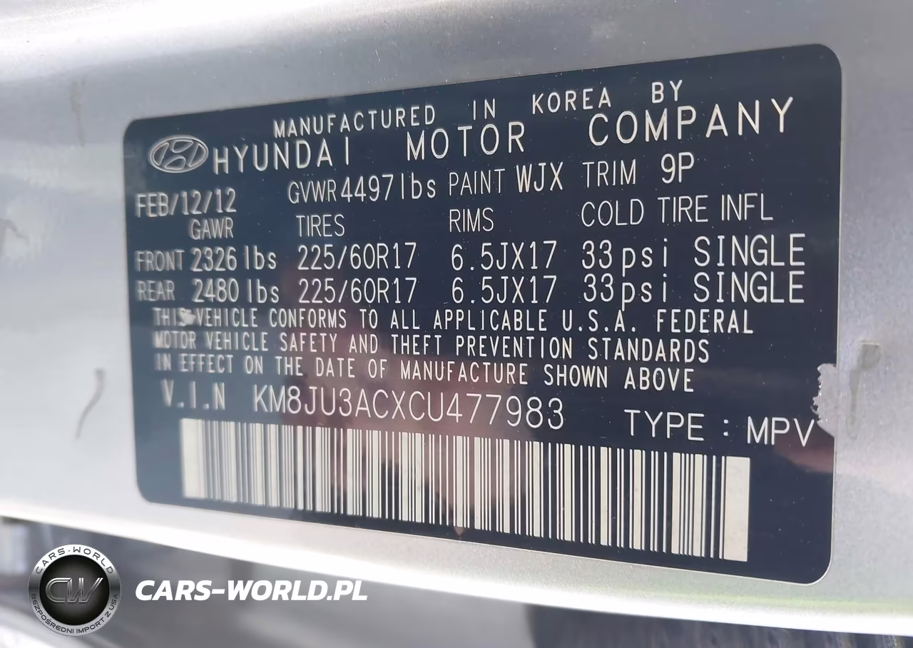 2012 Hyundai Tucson Gls VIN:KM8JU3ACXCU477983 - 9