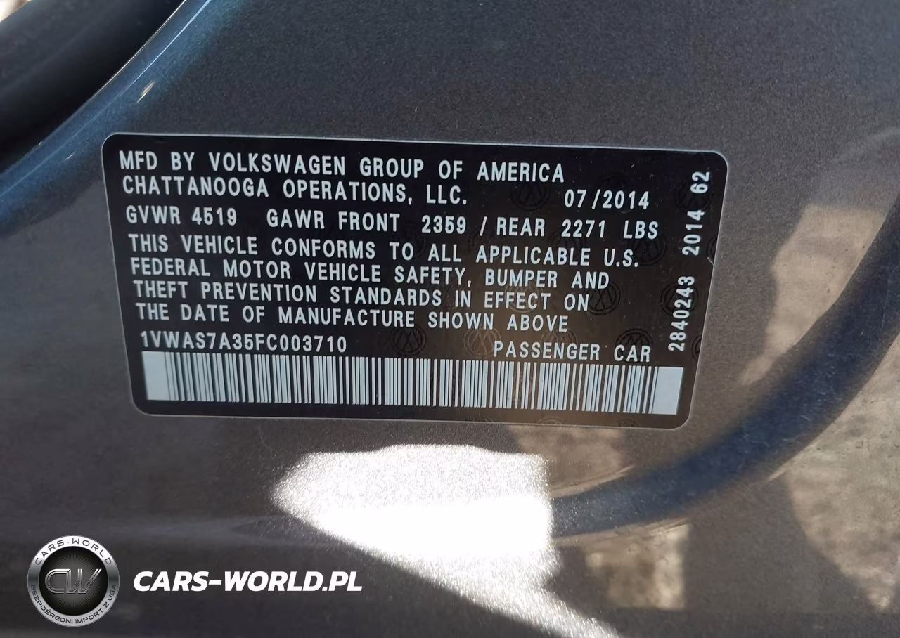 2015 Volkswagen Passat 1.8T Wolfsburg Edition VIN:1VWAS7A35FC003710 - 9